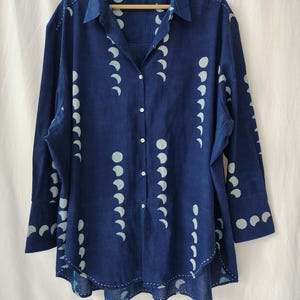 Indigo Cotton Shirt Loose Fit | Moon Block Print Shirt Women || Hand Crafted Over Sized Tunic Shirt | Stitching Detail Relaxed Fit for Women