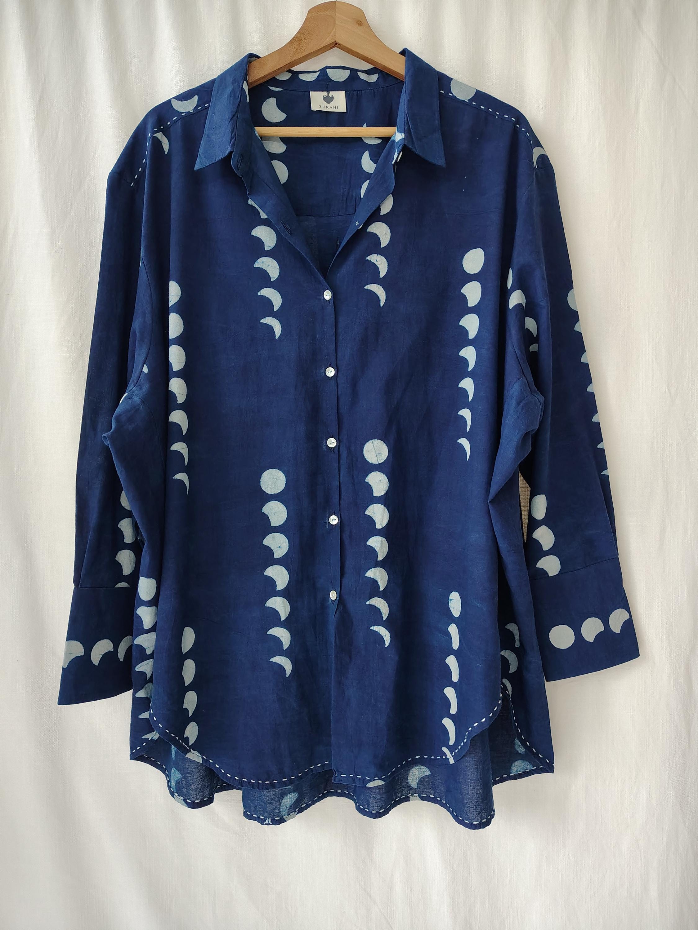 Indigo Cotton Shirt Loose Fit | Moon Block Print Shirt Women || Hand Crafted Over Sized Tunic Shirt | Stitching Detail Relaxed Fit for Women