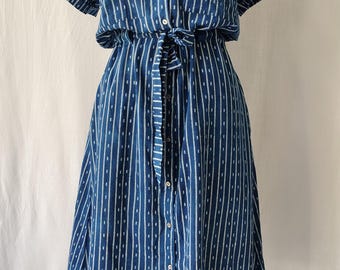 Vestido midi de algodón con estampado de bloques: Vestido bohemio estilo cottagecore para mujer