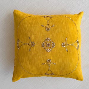 Yellow Hand Embroidered Cushion Cover | Indian Gotapatti Cotton Silk Pillow | Boho Sofa Decor image 1