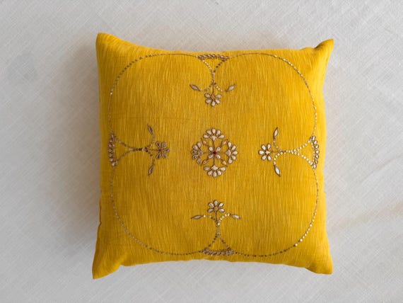 Yellow Hand Embroidered Cushion Cover | Indian Gotapatti Cotton Silk Pillow | Boho Sofa Decor