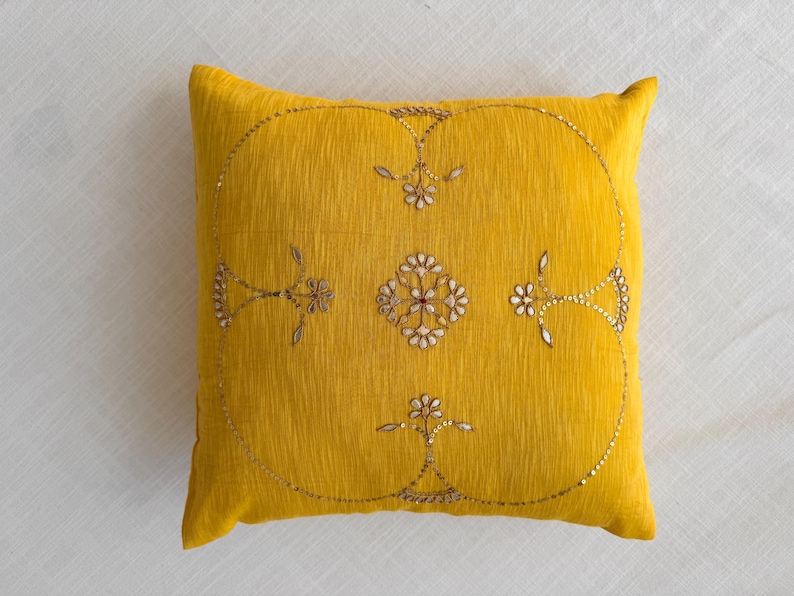 Yellow Hand Embroidered Cushion Cover | Indian Gotapatti Cotton Silk Pillow | Boho Sofa Decor image 1