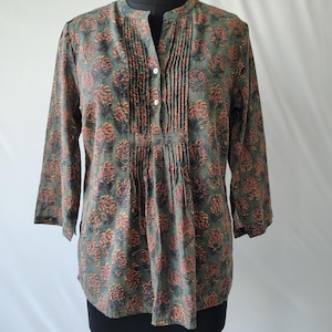 Cotton Summer Blouse | Tropical Block Print Tunics | Handmade Blouse | Resort Beach Casual Vacation Wear|Grey Blue Floral Top |Gifts for her