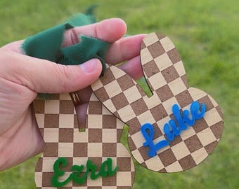 Easter Basket Name Tag • Wood Bunny with 3D Acrylic Name • Maple or Oak • Personalized Gift