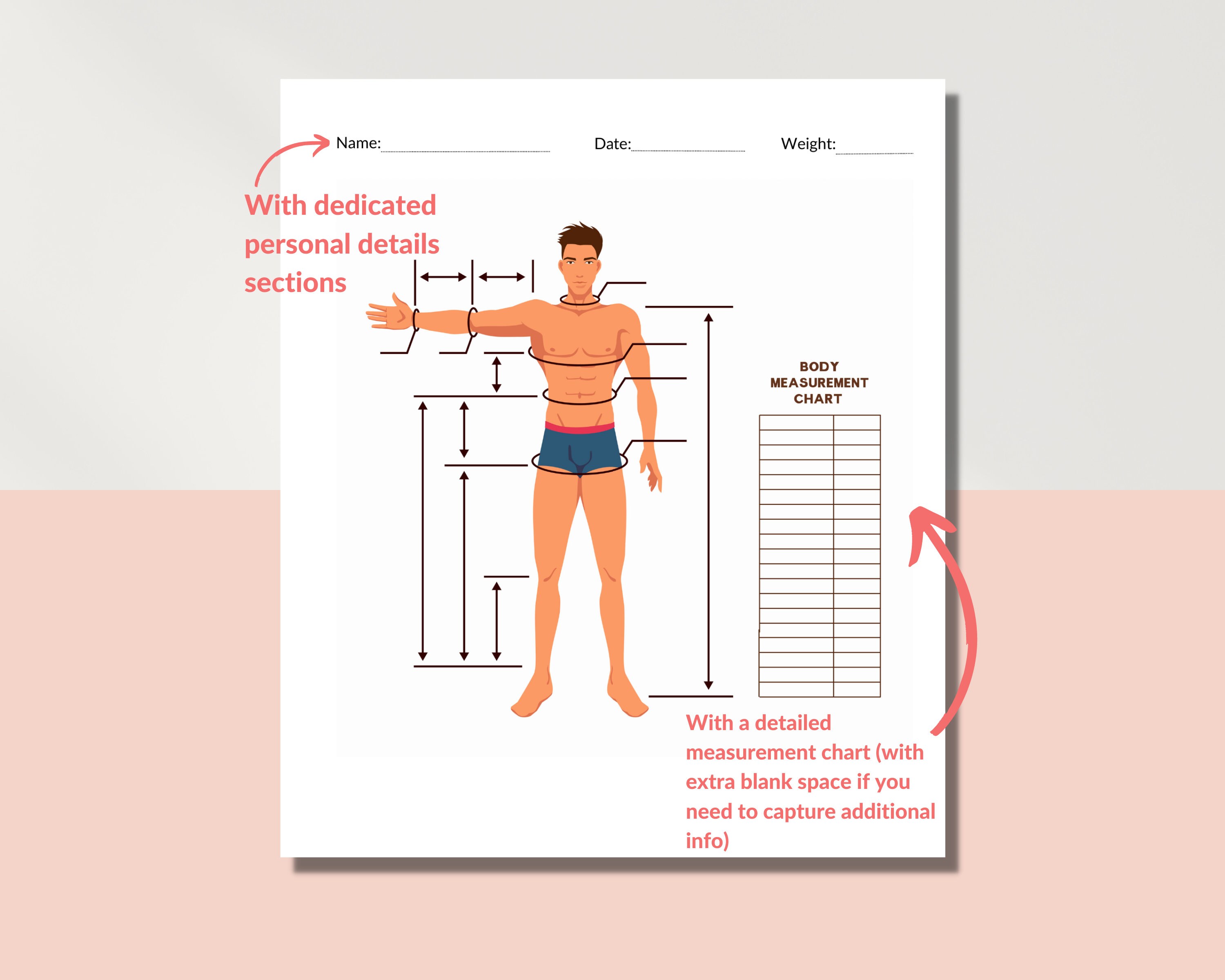 Body Measurement Chart Sheet Male Body Measurement Tracker Sewing ...