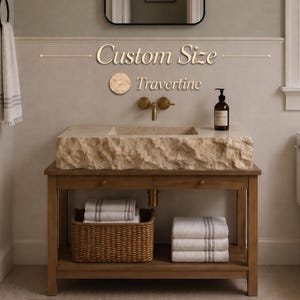 Travertine Stone Sink, Rough Edge Washbasin, Chiseled Block Basin, Custom Size Bathroom Sink, Natural Stone Console, Rustic Travertine