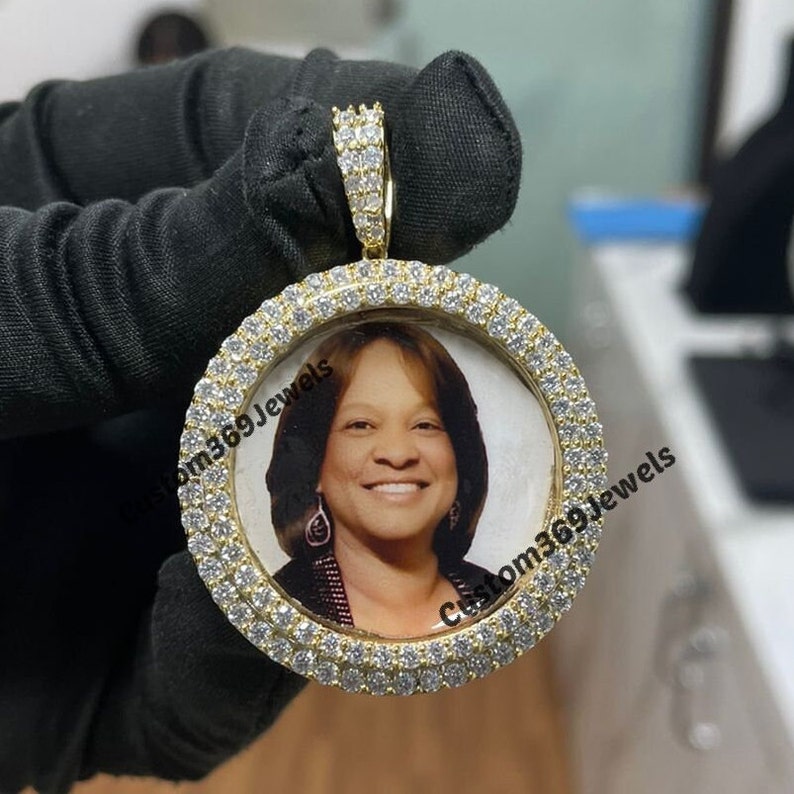 VVS Clarity Moissanite Medallion Custom Photo Memory Pendant, Solid