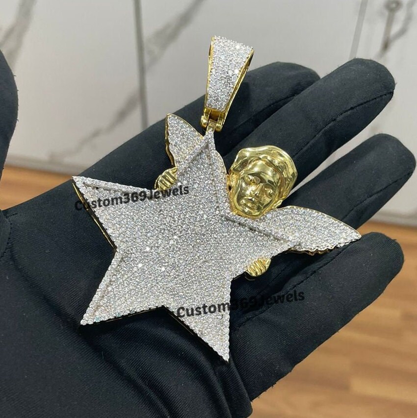 Rapper Jewelry for Him, 3D Star Angel Full Iced Out VVS Clarity Natural Moissanite Pendant