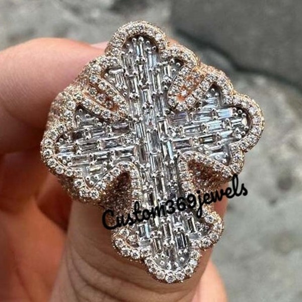 2.54ct Real Baguette Moissanite Cross Shape Ring / Unique Religion Ring / Simulated Diamond Classic Ring / Special Engagement Gift for Him