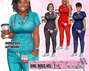 Nurse, EMT, Girl Fashion clipart, Boss Fashion clipart, Fashion Girl Clipart, Boss Girl clipart, Fashion Illustration, Afro lady clipart