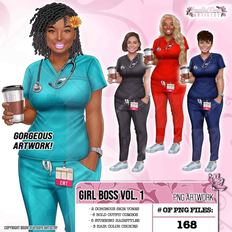 Overview of digital artwork featuring a healthcare professional woman (Nurse, EMT, Doctor, RN, RNA, Tech) holding a cup of coffee, perfect for gifts and decor.