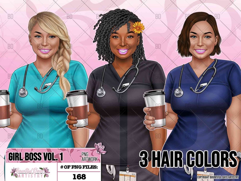 Image highlighting various hair color options available for the healthcare professional woman artwork, allowing for personalized selection.