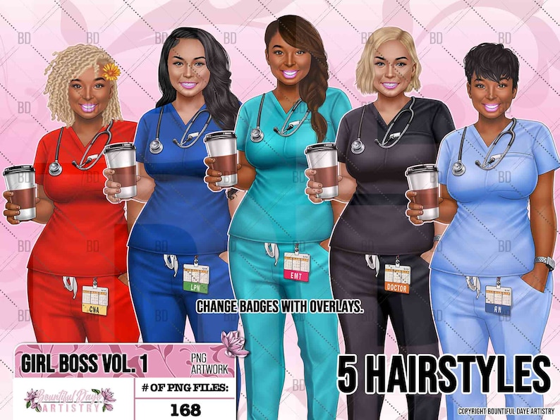 Image showing various hairstyle options for the healthcare professional woman holding a coffee artwork, offering personalization choices.