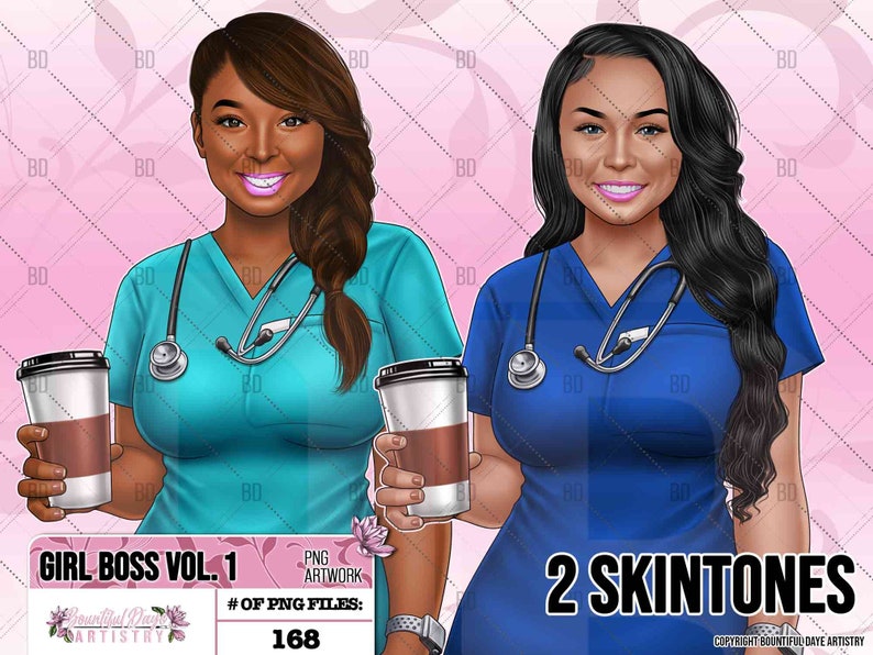 Image showing both light and medium skin tone options for the healthcare professional woman holding a coffee artwork, digital download.