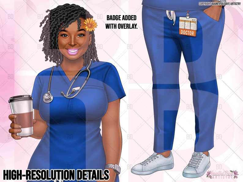 High-resolution detailed image of a healthcare professional woman holding a cup of coffee, showing fine details of the artwork, digital download.