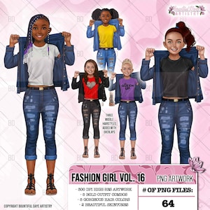 Fashion girl clipart, Children clipart, Denim Girl PNG, Girl Fashion, African American clipart, Afro girl clipart