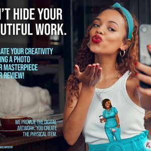 Image encouraging customers to leave reviews with photos of what they created using the healthcare professional woman with coffee artwork.