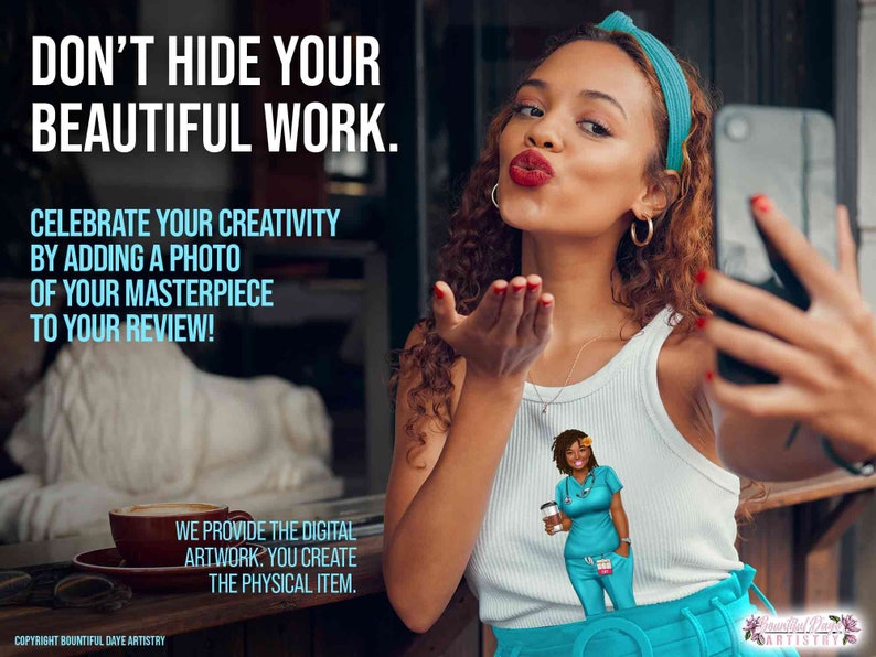 Image encouraging customers to leave reviews with photos of what they created using the healthcare professional woman with coffee artwork.