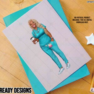 Mockup of healthcare professional woman with coffee artwork printed on paper, demonstrating the artwork's quality in print form.