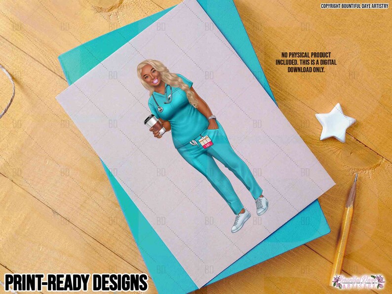 Mockup of healthcare professional woman with coffee artwork printed on paper, demonstrating the artwork's quality in print form.