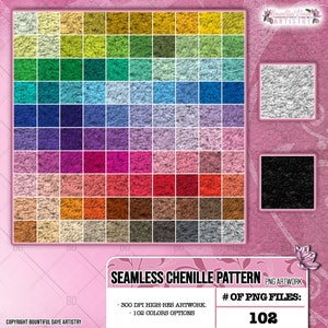 May include: A set of 102 seamless chenille patterns in various colors. Each pattern is a square tile with a fuzzy texture. The patterns are arranged in a grid, with each row and column containing a different color. The text "# OF PNG FILES: 102" is displayed at the bottom of the image.
