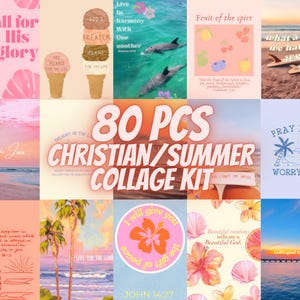 May include: A collage kit with 80 pieces featuring Christian and summer themes. The collage kit includes images of beaches, palm trees, seashells, and inspirational quotes. The text "80 PCS CHRISTIAN/SUMMER COLLAGE KIT" is in large, bold letters.