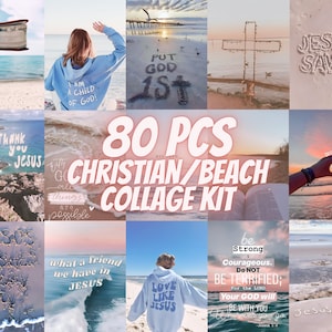 80 PCS Christian Beach Aesthetic Collage Kit Bible Verse Wall Art Faith Decor Jesus Posters Coastal Inspired Room Decor Ocean Sea Vibes Art