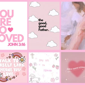 K&ouml;nnte beinhalten: Eine Collage aus sechs rosa und wei&szlig;en Bildern mit inspirierenden Zitaten. Das erste Bild sagt "YOU ARE SO LOVED JOHN 3:16". Das zweite Bild sagt "the good, good Father.". Das dritte Bild ist ein rosa und wei&szlig;es abstraktes Gem&auml;lde. Das vierte Bild sagt "TALK TO YOURSELF LIKE SOMEONE YOU LOVE". Das f&uuml;nfte Bild sagt "Say yes to Heaven". Das sechste Bild sagt "LOVE THEM ANYWAY".