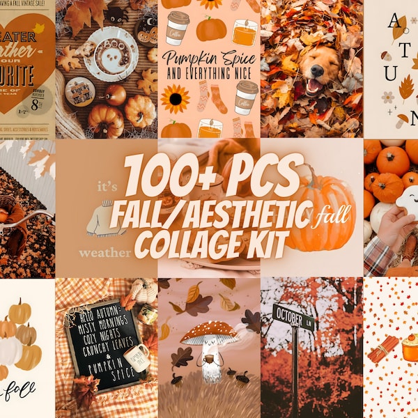 100+PCS Kit de collage estético de otoño / Estética de otoño / Arte de pared de otoño / Decoración de la habitación de otoño / Estética vintage / Carteles / Arte de pared de calabaza /