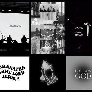 May include: A black and white collage of religious imagery. The collage includes images of a cross, praying hands, a church, and text that says "Worship While You Wait", "Faith over Fear", "Maranatha "Come Lord Jesus."", and "Focus on God".