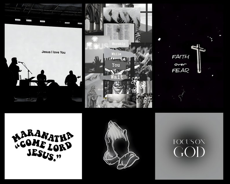 May include: A black and white collage of religious imagery. The collage includes images of a cross, praying hands, a church, and text that says "Worship While You Wait", "Faith over Fear", "Maranatha "Come Lord Jesus."", and "Focus on God".