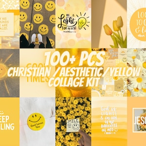 100+ PCS Yellow Christian Collage Kit Bible Verse Wall Art Jesus Faith Decor Warm Yellow Tones Inspirational Religious Posters Room Decor