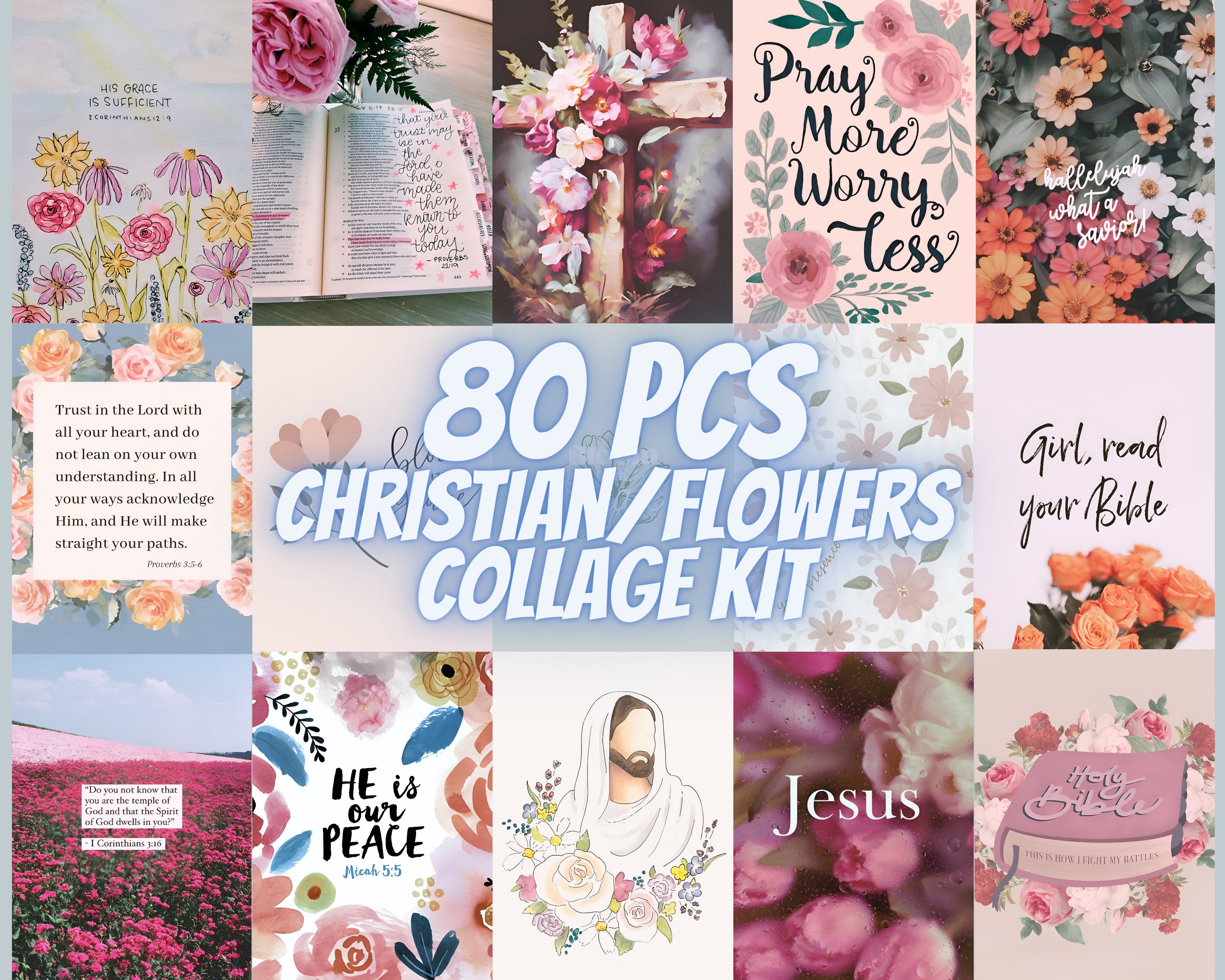 80 STÜCKE Christliche Blumenästhetik-Collage-Kit Bibel-Vers-Wand-Kunst ...