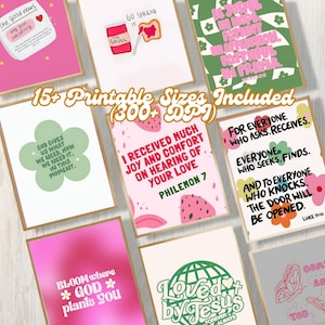 Christian Posters Kit Aesthetic Set of 9 Digital Download Bible Verse Jesus Faith Religious Christian  Decor Trendy Christian Art Pink Green