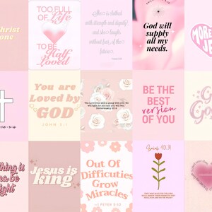 K&ouml;nnte beinhalten: Eine Collage aus 12 rosa und wei&szlig;en Quadraten mit inspirierenden Zitaten und Bibelversen. Die Zitate beinhalten "In Christ Alone", "Too Full of Life", "You are Loved by God", "God is Good", "Jesus is King", "Everything is Gonna Be Alright", "Be the Best Version of You", "God Will Supply All My Needs", "More Jesus", "Out of Difficulties Grow Miracles", "She is Clothed with Strength and Dignity", and "They Who Wait for the Lord Shall Renew Their Strength".