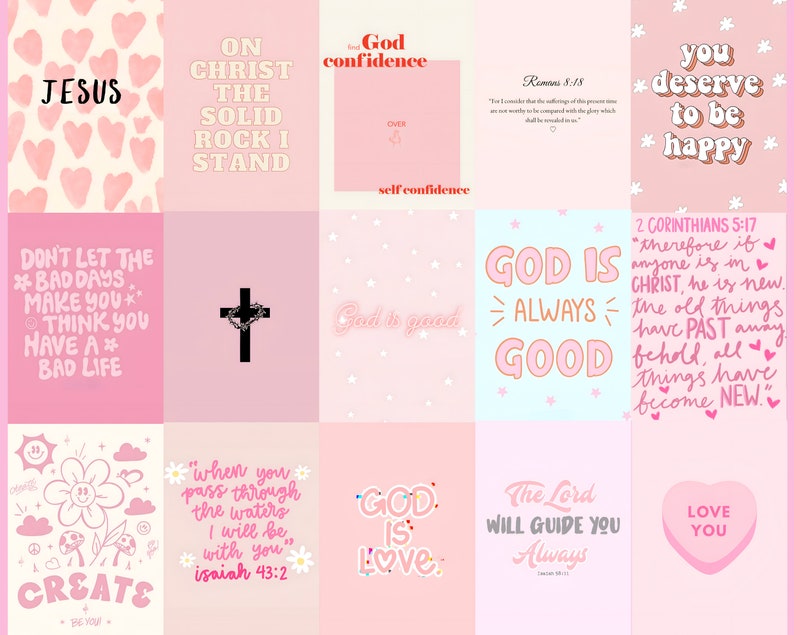 K&ouml;nnte beinhalten: Rosa-wei&szlig;e digitale Collage mit inspirierenden Zitaten und Bibelversen. Die Zitate beinhalten "Gott ist gut", "Gott ist Liebe", "Der Herr wird dich immer leiten", "Du verdienst es, gl&uuml;cklich zu sein", "Lass dich von den schlechten Tagen nicht denken lassen, dass du ein schlechtes Leben hast", "Wenn du durch die Wasser gehst, werde ich bei dir sein", "Gottvertrauen", "Auf Christus, dem festen Fels, stehe ich", "Gott ist immer gut", "Daher, wenn jemand in Christus ist, ist er neu. Das Alte ist vergangen, siehe, alles ist neu geworden." und "Ich liebe dich".