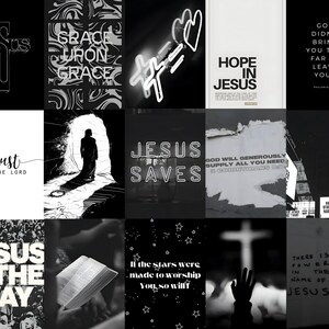May include: A collage of black and white images with Christian themes. The images include text such as "Jesus Saves", "Hope in Jesus", "Trust in the Lord", and "There is Power in the Name of Jesus".