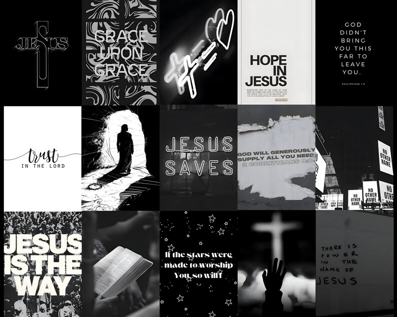 May include: A collage of black and white images with Christian themes. The images include text such as "Jesus Saves", "Hope in Jesus", "Trust in the Lord", and "There is Power in the Name of Jesus".