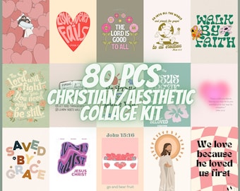 80 PCS Christian Collage Kit Aesthetic Bible Verse Wall Art Jesus Decor Faith-Based Prints Colorful Room Decor Spiritual Vibes Groovy Art