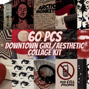 Puede incluir: Un kit de collage con una estética de chica del centro. La imagen incluye una variedad de elementos, como una guitarra roja, portadas de álbumes y el texto "60 PCS DOWNTOWN GIRL/AESTHETIC COLLAGE KIT". Otras imágenes incluyen un semáforo y el texto "NO CELL PHONES".