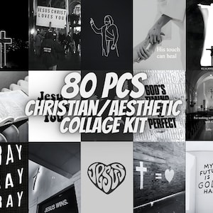 May include: A collage kit of 80 black and white images with Christian themes. The images include crosses, bible verses, and inspirational quotes. The text "80 PCS CHRISTIAN/AESTHETIC COLLAGE KIT" is in the centre of the collage.
