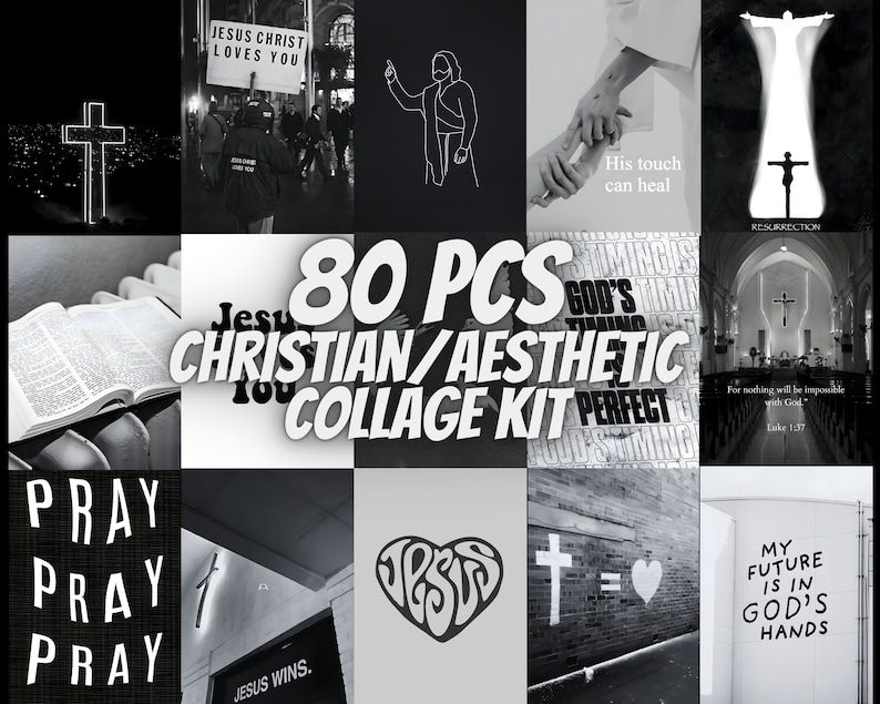 May include: A collage kit of 80 black and white images with Christian themes. The images include crosses, bible verses, and inspirational quotes. The text "80 PCS CHRISTIAN/AESTHETIC COLLAGE KIT" is in the centre of the collage.