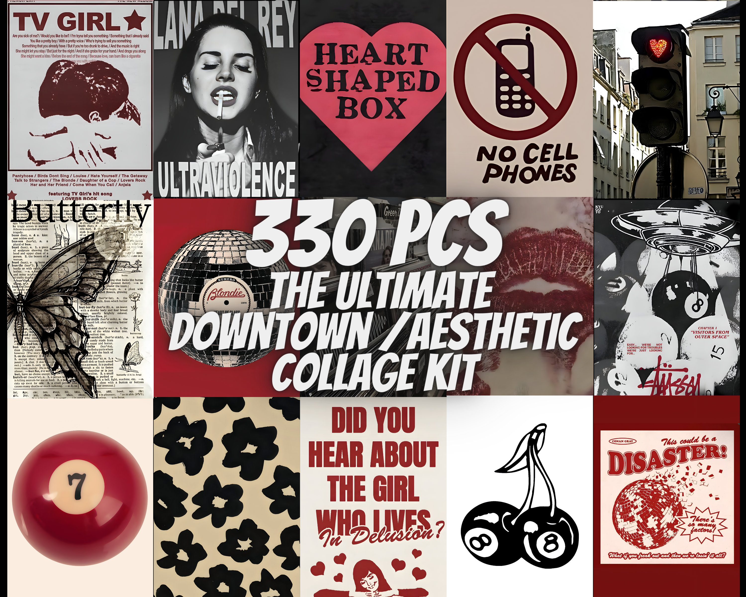 112PCS, Downtown Girl Aesthetic Wall Collage Kit, 90s / Grunge Aesthetic,  Black/red Aesthetic, Aesthetic Collage Kit, Digital Download 