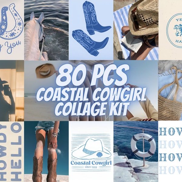 80 PCS Coastal Cowgirl Aesthetic collage kit, Vintage wall prints, Coastal Grandma Decor, Preppy, Coastal room decor, Coastal Posters, VSCO