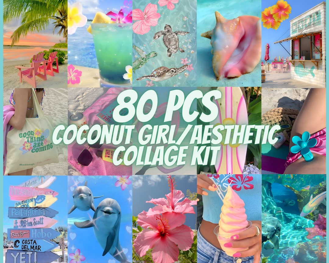 80 PCS Coconut Girl Aesthetic Wall Collage Kit, Summer Beach Vibe, Tropical Beach Wall Decor, Summer Coconut Girl Posters, VSCO,  Preppy