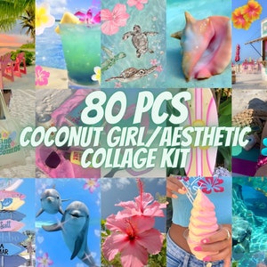 80 PCS Coconut Girl Aesthetic Wall Collage Kit Summer Beach Vibes Tropical Preppy Style Posters Trendy Coastal Decor Bright Sea Wall Art