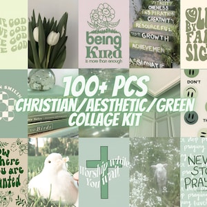 100+ PCS Green Christian Aesthetic Collage Kit Bible Verse Wall Art Jesus Faith Decor Nature-Inspired Posters Spiritual Quotes Room Style