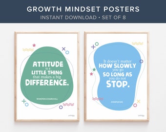 May include: Two framed posters with inspirational quotes. One poster has a teal blob with the quote "Attitude is a little thing that makes a big difference." The other has a blue blob with the quote "It doesn't matter how slowly you go so long as you do not stop."
