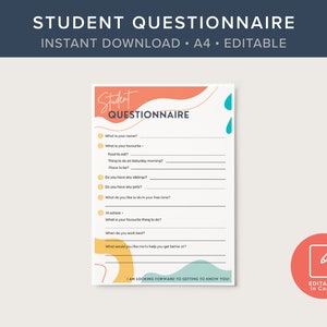 Student Questionnaire, Back to School, INSTANT DOWNLOAD