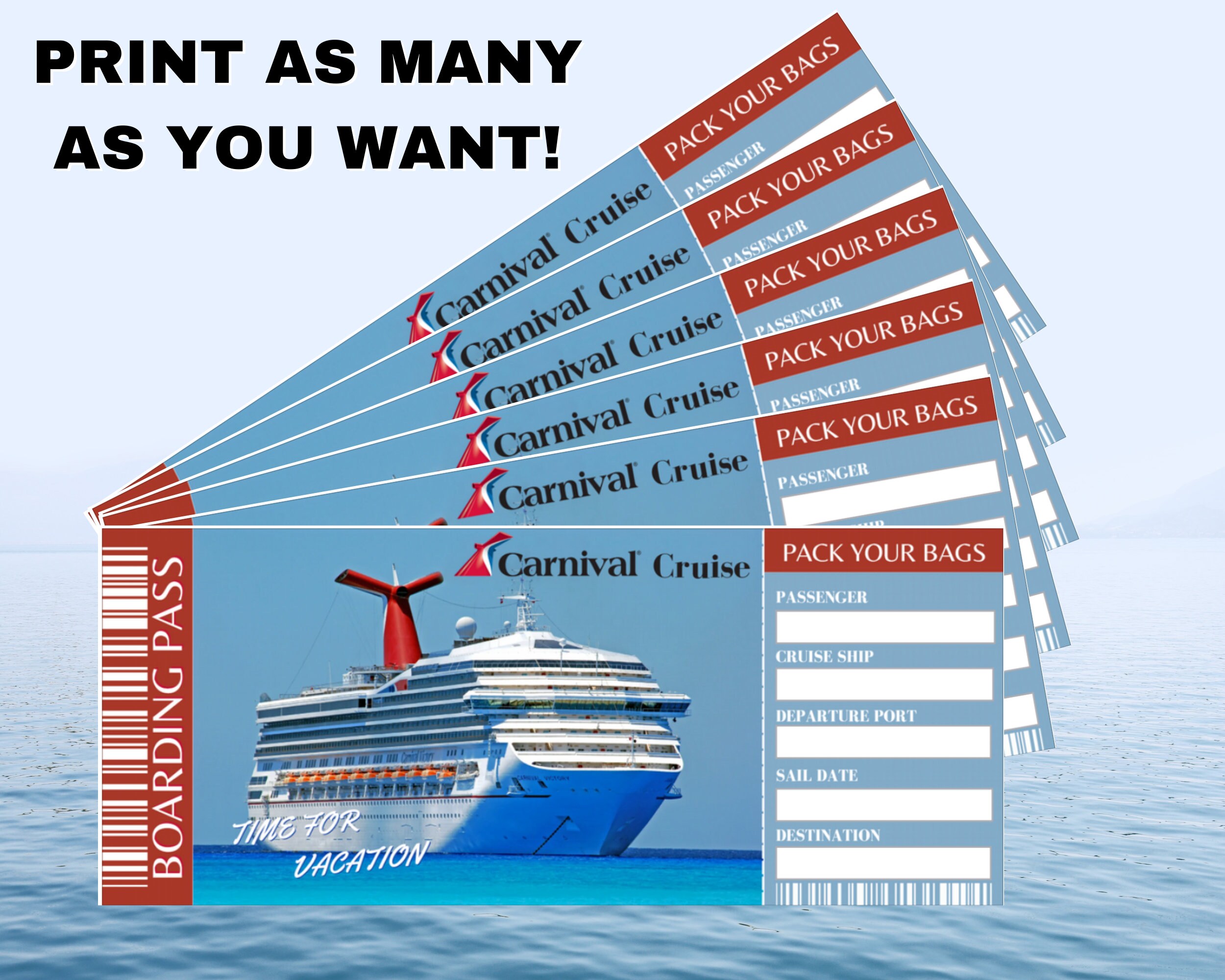 Editable Carnival Cruise Ticket Boarding Pass, Surprise Vacation Trip